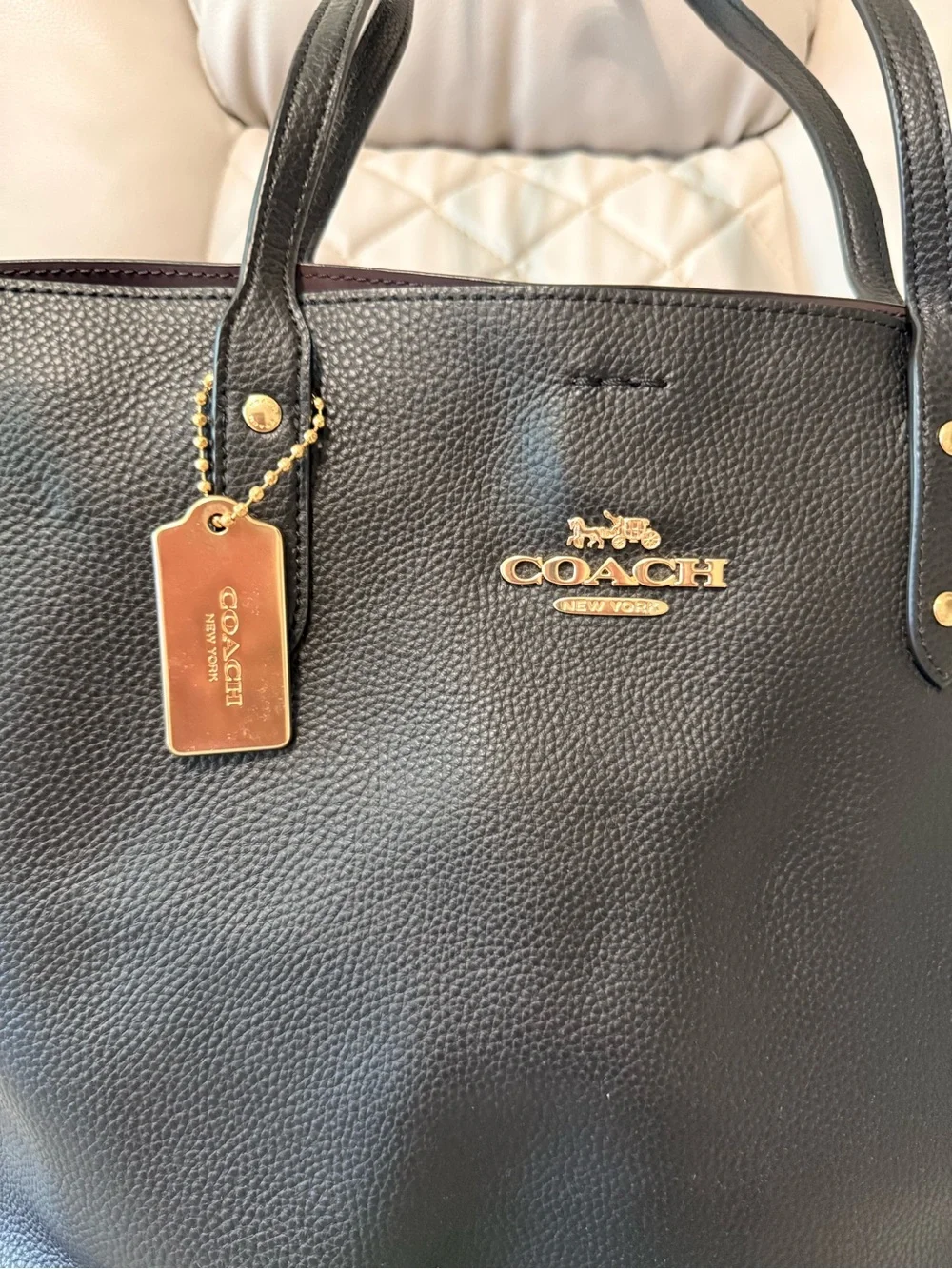 Coach Black Leather Tote with Gold Hardware Accent